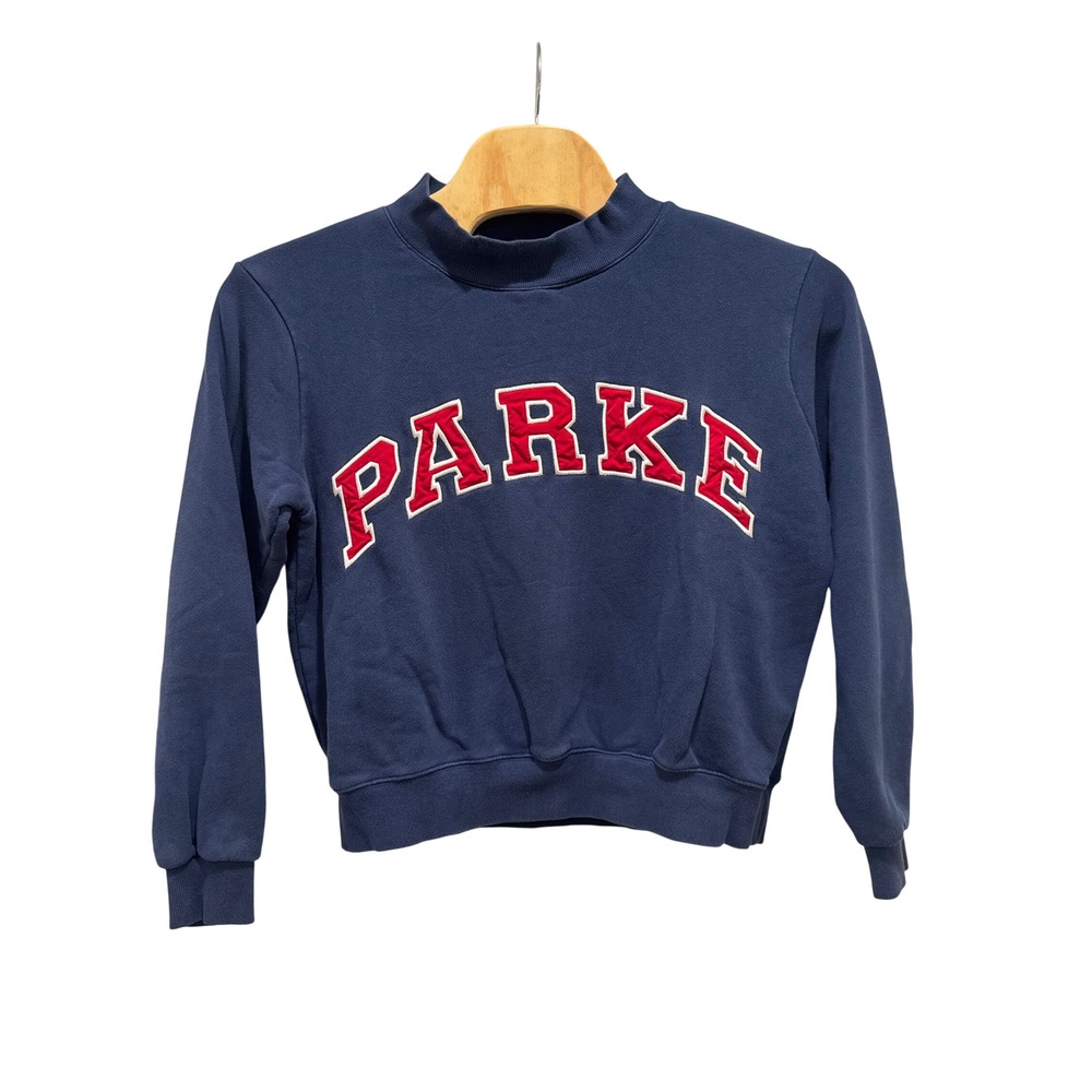 Parke Sweatshirt Womens S/M Navy Blue Mock Neck Varsity Logo Boxy Pullover USA